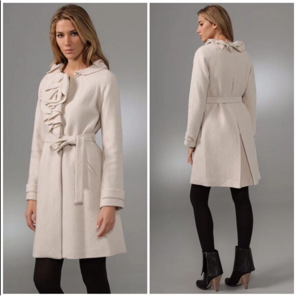 Rebecca Taylor Womens Sz 4 Belted Coat Wool Blend Long Beige Ruffle Collar Retro - Picture 13 of 13